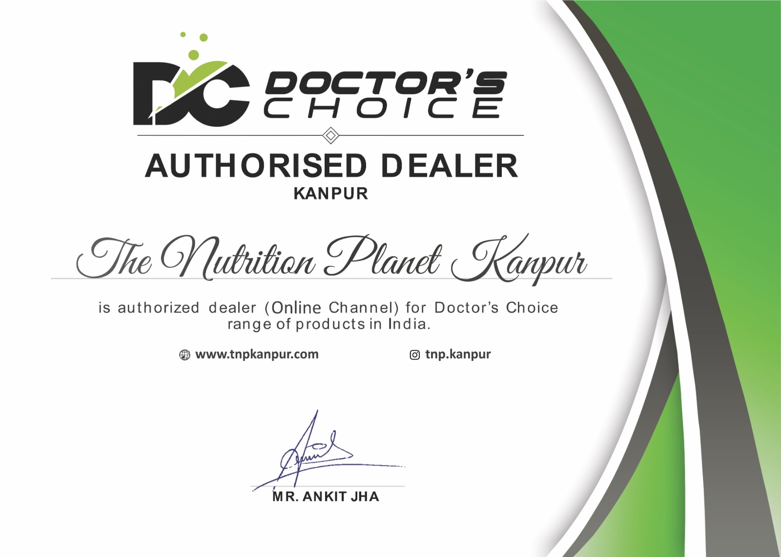 Authorised Dealer Certificate From DC  - Doctor's choice Nutrition	